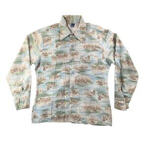 Vintage Penn-Prest Perma-Prest Shirt Mens Medium Duck Print AOP Long Sleeve 70s